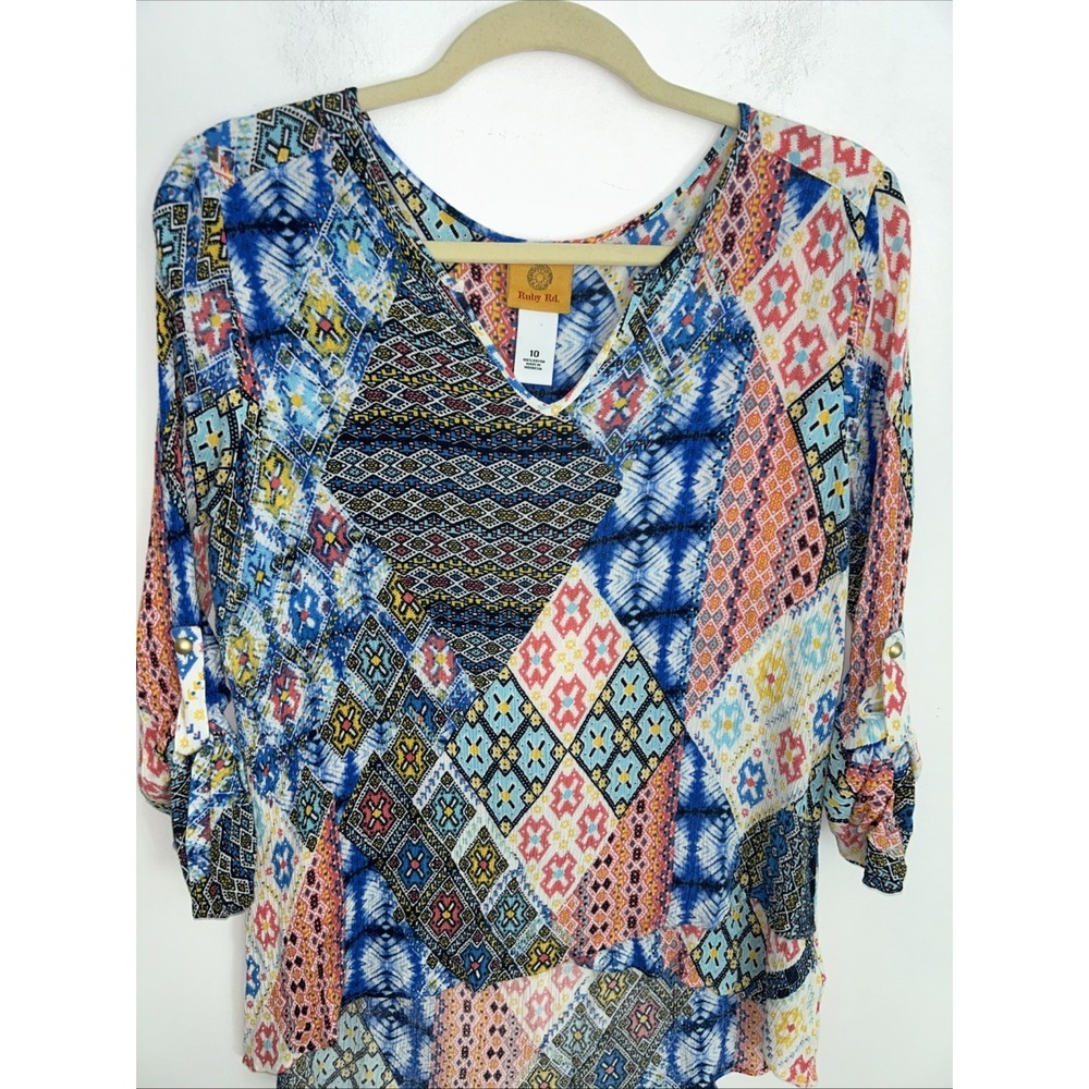 Women's Ruby Rd Multicolor Geometric Print 3/4 Sleeve Blouse Top Size M